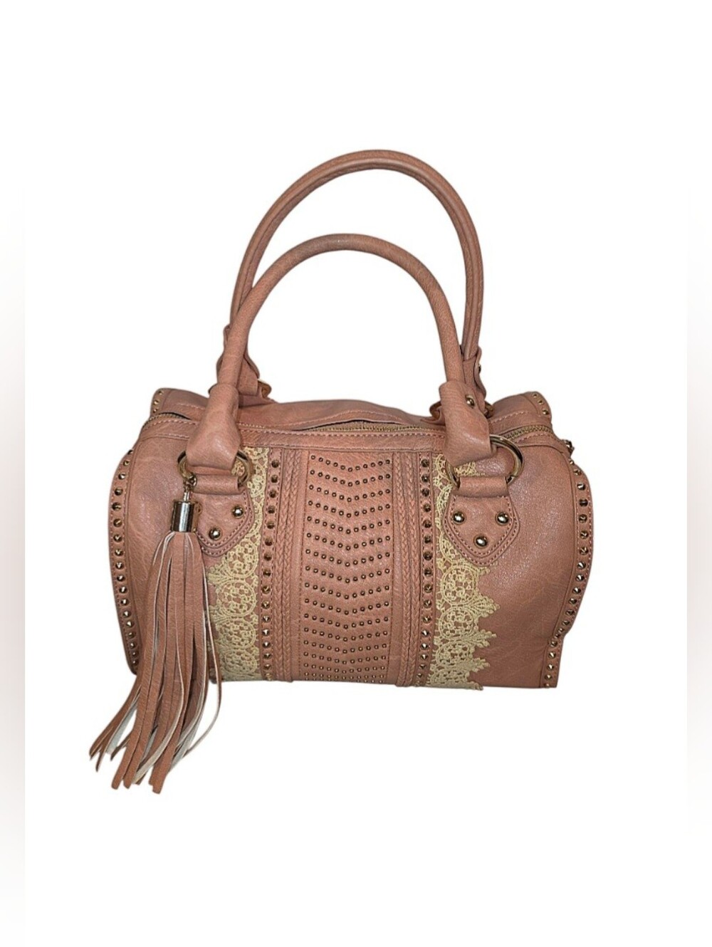 Imoshion Pink Faux Leather Studded Bowler Handbag with Lace Overlay